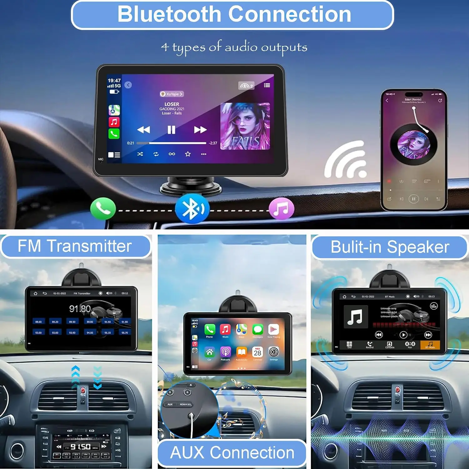 شاشة CarPlay مقاس 7 بوصات مع كاميرا احتياطية لاسلكية تعمل بنظام Android #5