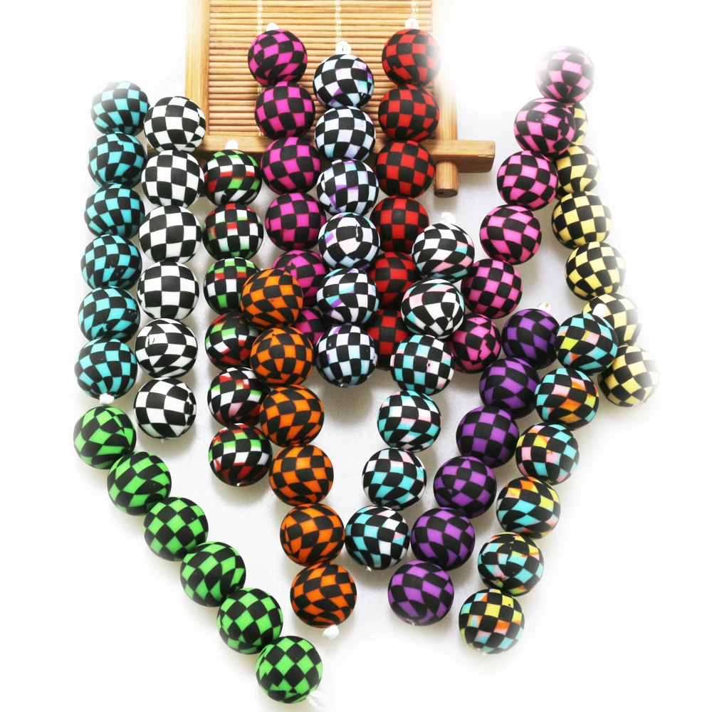 2024 New Products Colorful Checkered Print Silicone Beads 15MM Baby Round DIY Beaded Pen Chewing Toy Accessories