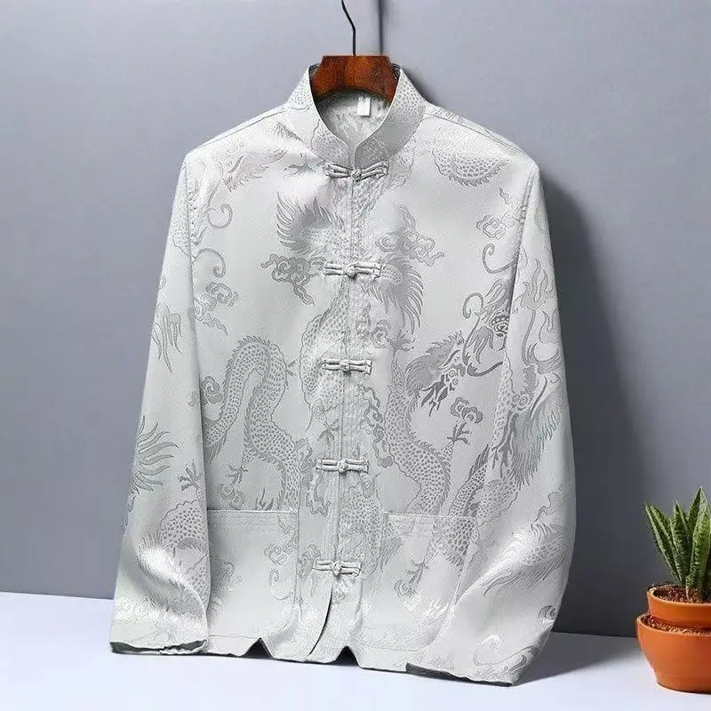 

Men's Tai Chi Clothing Spring Summer Dragon Pattern Long Sleeve Shirt Traditional Chinese Kung Fu Tang Suits Middle-aged Dad Top