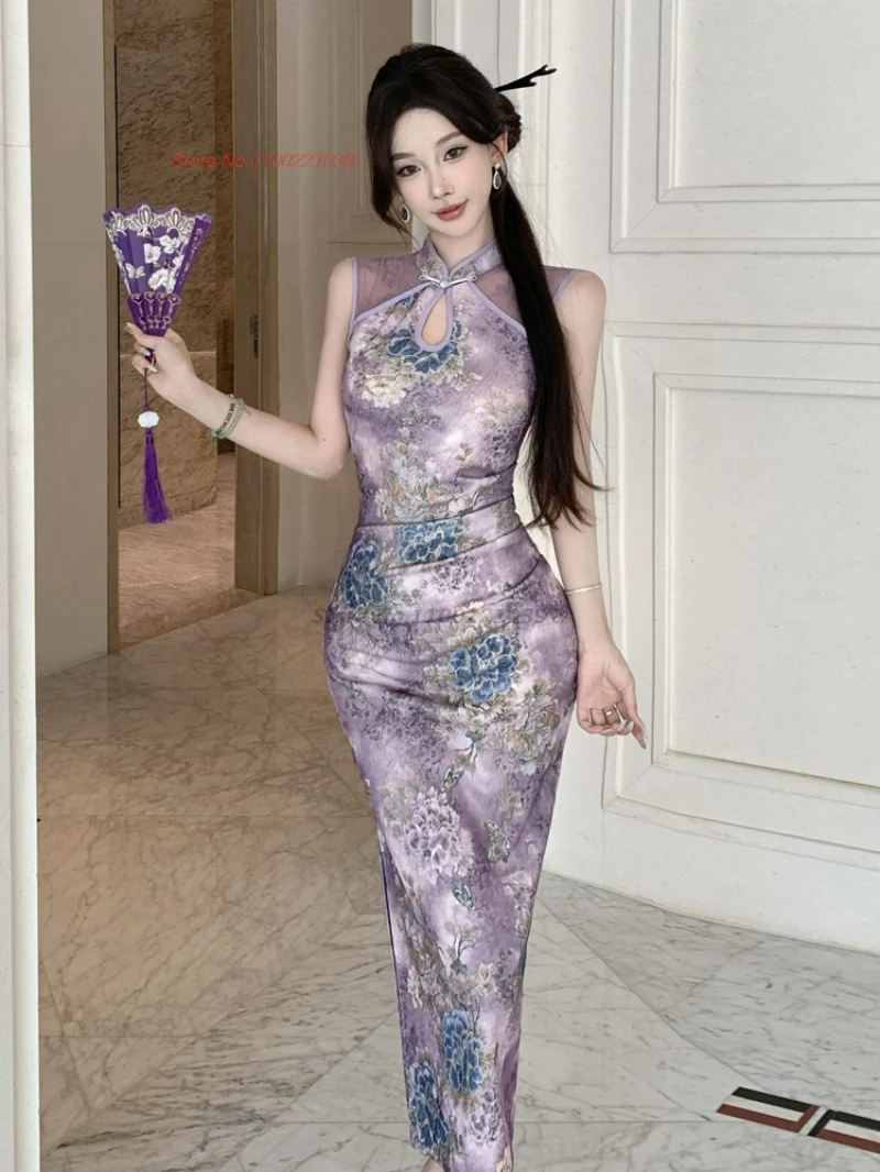 

2025 oriental sexy nightclub dress improved cheongsam traditional flower print sleeveless qipao banquet evening bodycon dress