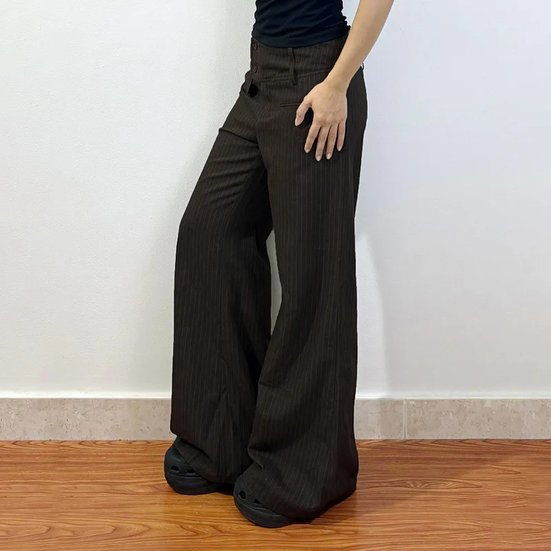 90s Retro Button Stripe Pants Women's Low Waist Loose Wide Leg Casual Pants Summer Street Style Y2k Aesthetic Suit Pants Straigh