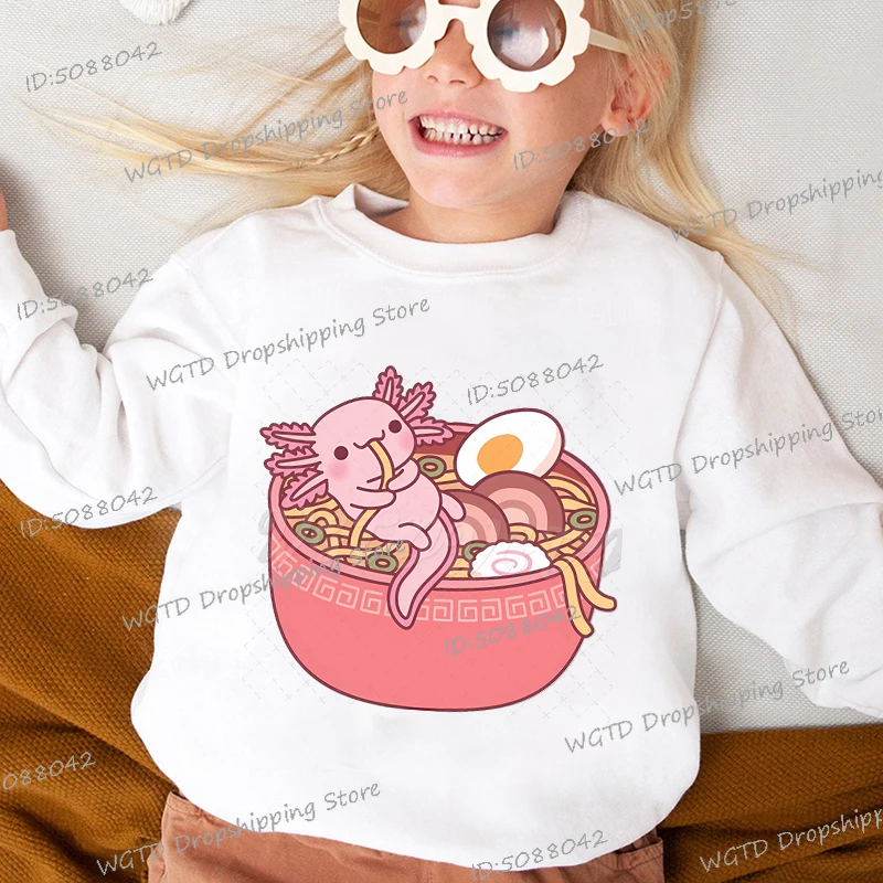 Funny Axolotl Eating Ramen Noodles Sweatshirts Kids Cartoon Anime Axolotl Sportswear Boys Girls Casual Long Sleeve Pullover