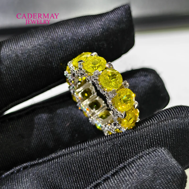 Cadermay Jewelry 925 Silver 6mm Round Shape Yellow YAG Eternity Band Mix Moissanite Yellow Lab Gemstone Ring Band for Women Gift