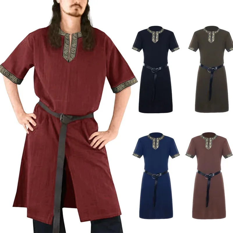 DY20Camiseta de guerrero vintage para hombre, Top de verano de manga corta, disfraz de pirata gótico vikingo renacentista, túnica Medieval 25