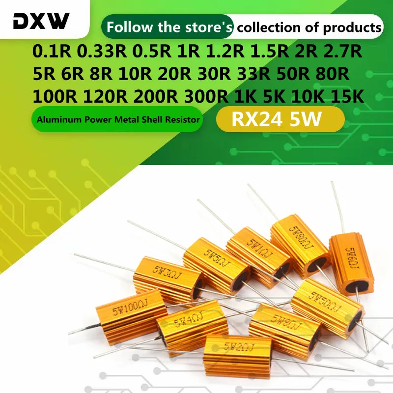 2 pz/lotto RX24 alluminio potenza guscio metallico resistore0.1r ~ 15K 0.33 1 2 6 8 10 20 30 50 80 100 200 300R 5 10K 5W resistenza a filo avvolto