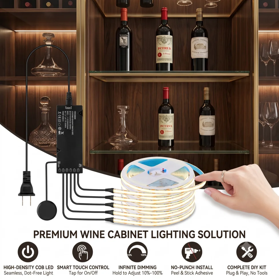 Sync Control Touch Dimming COB LED Strip 320LEDs/M with Black Power Supply  for Kitchen Pantry Showcase Bedroom Closet Backlight