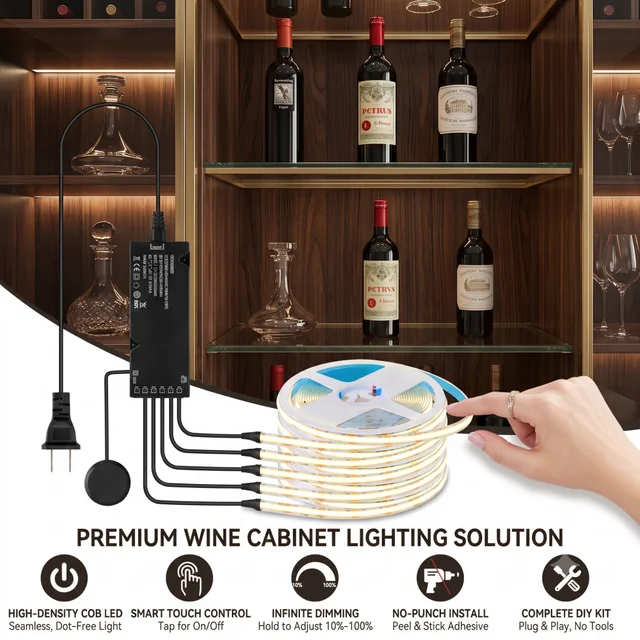 Fita LED COB com Controle de Sincronização e Dimerização por Toque, 320 LEDs/M com Fonte de Alimentação Preta para Cozinha, Despensa, Vitrine, Quarto, Armário e Iluminação de Fundo