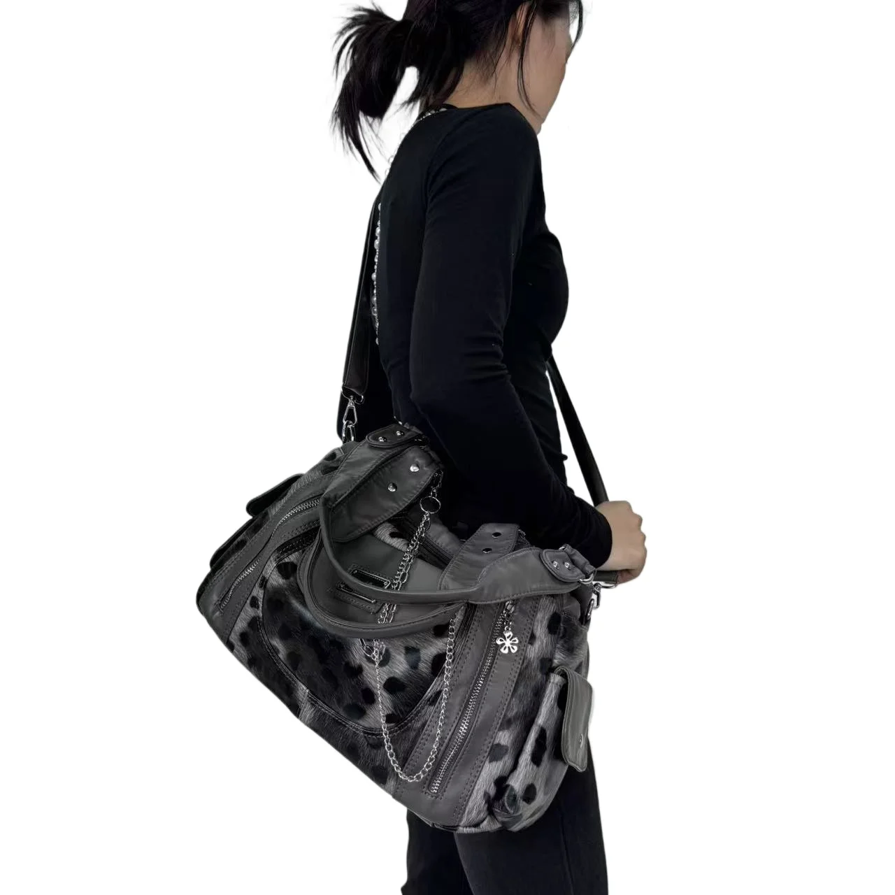 Ladies' vintage motorcycle tote bag, Gothic style front pocket shoulder bag, detachable shoulder strap
