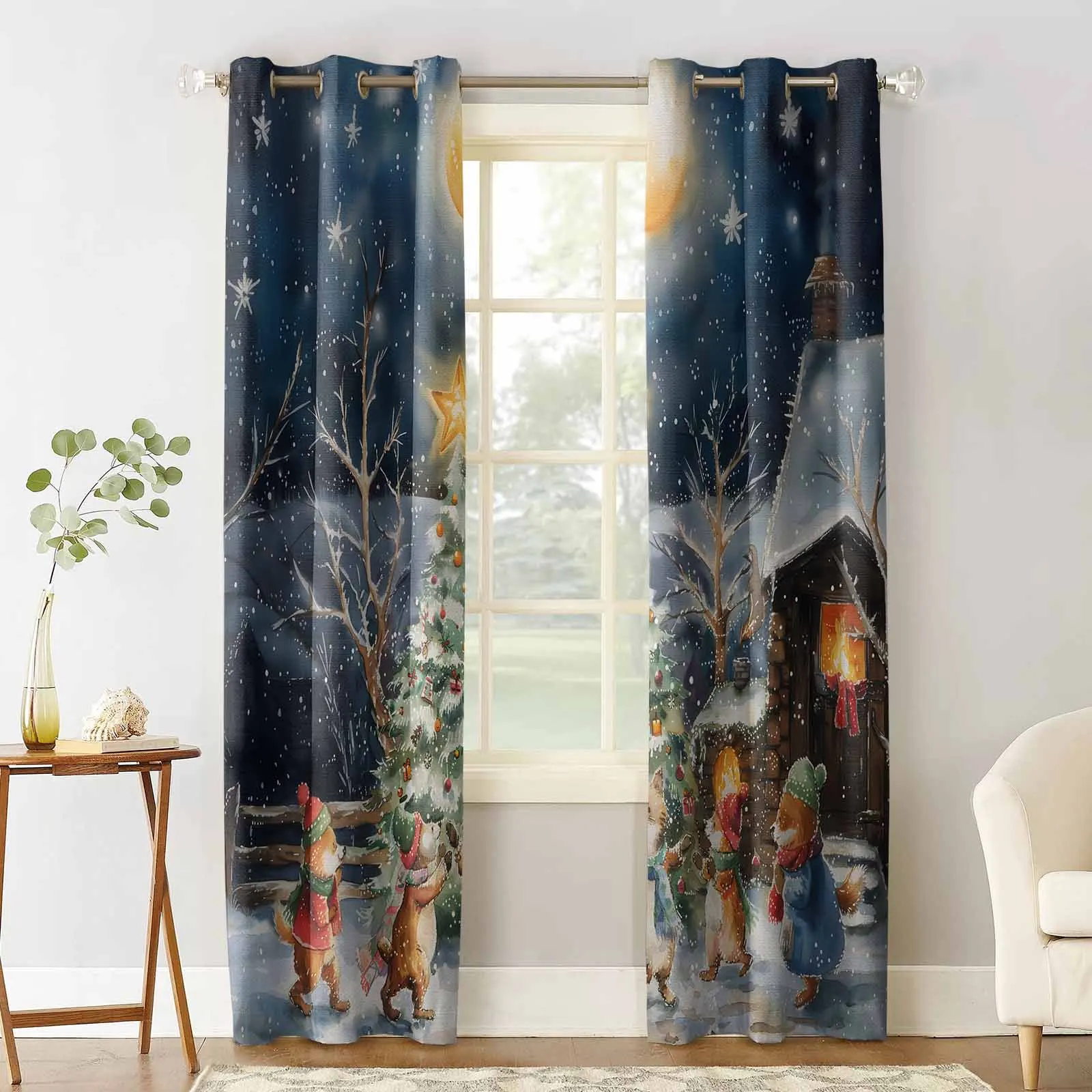 Christmas Tree Colorful Forest Moon Bonfire Animals Blackout Curtains For Living Room Bedroom Window Treatment Blinds Drapes