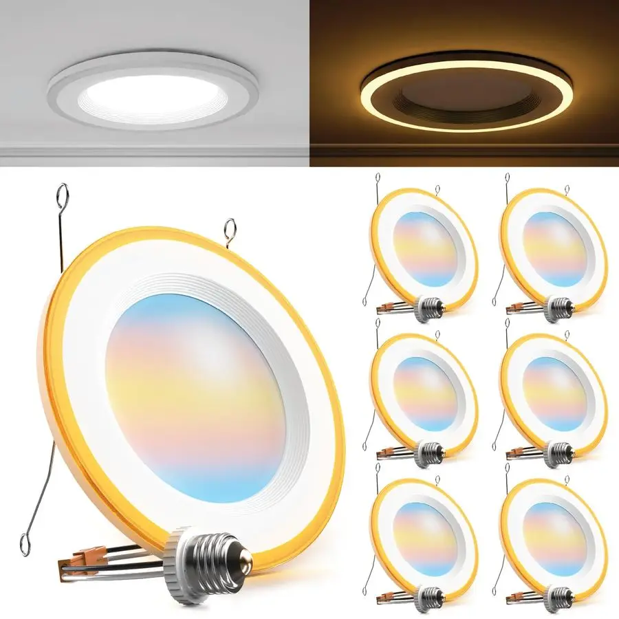 

Набор из 6 светодиодных встраиваемых светильников 6 дюймов с ночником, настраиваемой цветовой температурой (2700K, 3000K, 4000K, 5000K, 6000K), диммируемые, 13 шт.