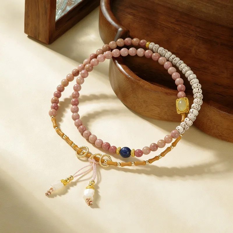 New Chinese Style Peach Blossom Stone Bodhi Seed Long Multi Strand Bracelet Unique Spiritual Jewelry Gifts