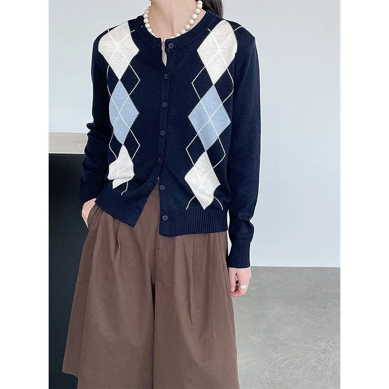 

2026 Spring Autumn 100% cashmere knitted cardigan top women's retro diamond check sweater casual wool top