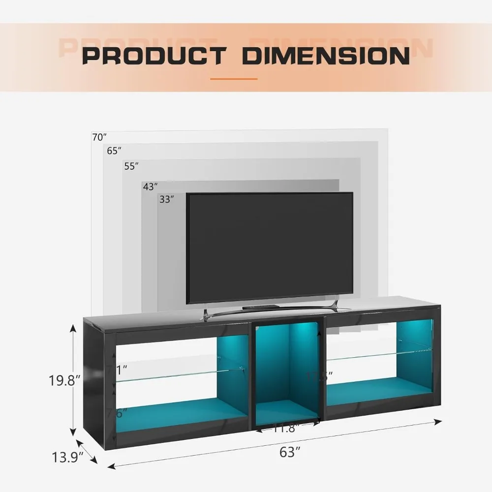حامل تلفزيون LED عالي اللمعان مقاس 63 بوصة مع مخرج طاقة لتلفزيون 70 بوصة، ومركز ترفيه الألعاب لجهاز PS5، وحدات تحكم تلفزيون مع ضبط