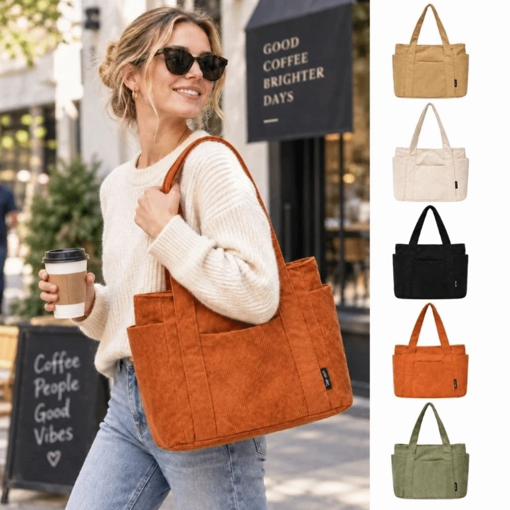 Casual Large Capacity Corduroy Tote Bag Multi Pockets Vintage Commute Bag Retro Soft Casual Handbag For Women