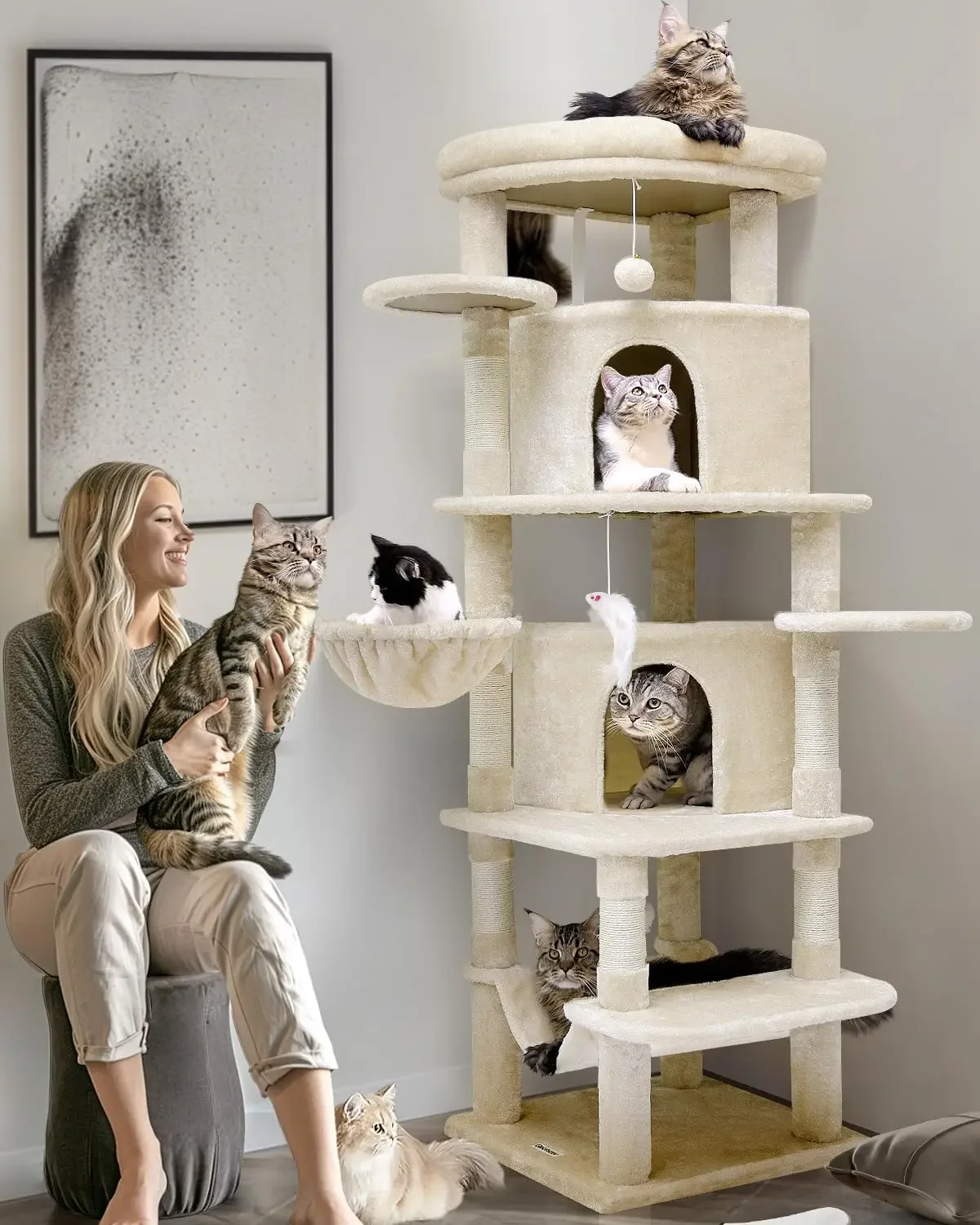 

Large Cat Tower, Curved Series Corner Cat Trees And Towers For Large Indoor Cats With Big Cat Condos, 6 Scratching Posts|