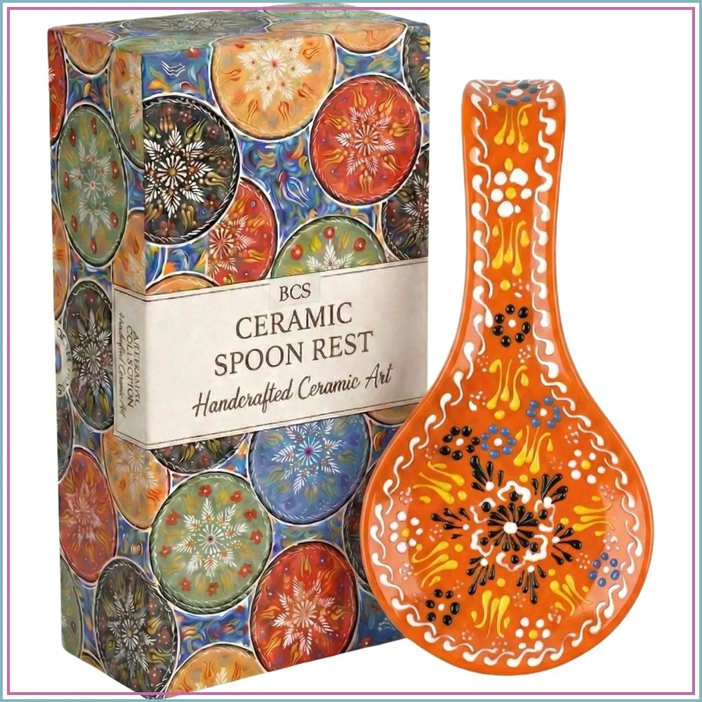 

Hand Painted Ceramic Spoon Rest, 9" Large Heat Resistant Holder for Stove Top, Dishwasher Safe Floral Kitchen Decor