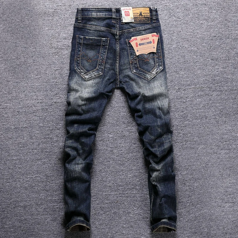 Streetwear moda masculina calças de brim retro preto azul elástico fino ajuste rasgado jeans bordados designer vintage casual denim calças