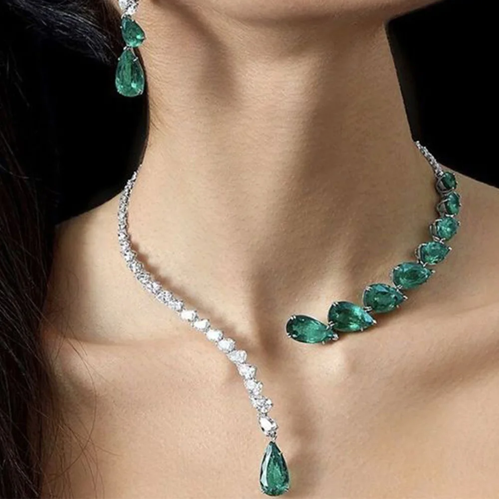 Stonefans Water Drop Necklace Earrings Set for Women Elegant Bride Wedding Green Accessories Jewelry Sets Luxury Indian Style