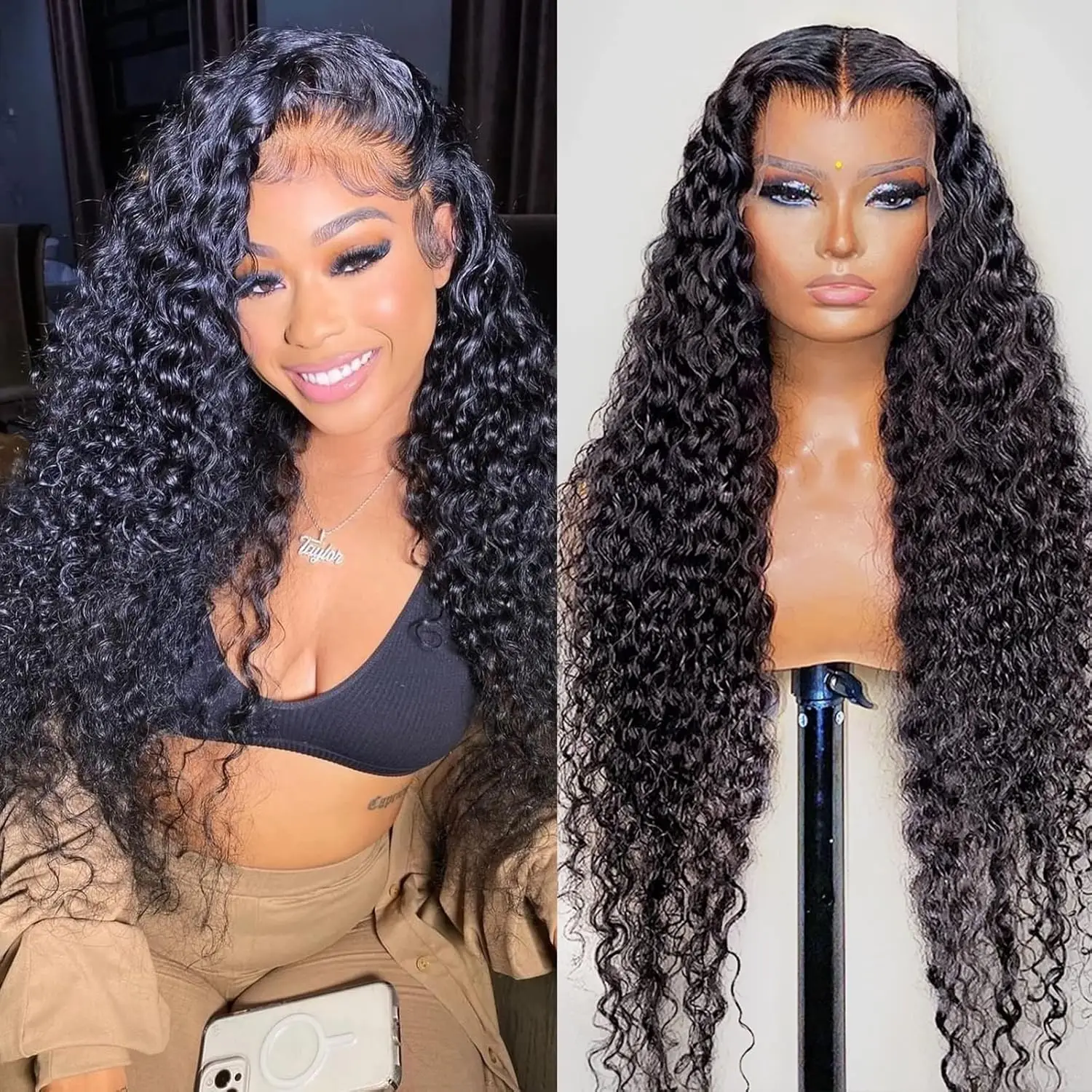 

200% Density Human Hair Wigs Water Wave Wig Human Hair Deep Wave Wig for Black Women 44 Inch Natural Black Brazilian Virgin Hair