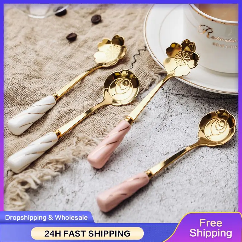 1Pcs Ins Stainless Steel Ceramic Rose Cherry Blossoms Spoon Dessert Flower Spoon Black Gold Flower Mixing Spoon Mug Coffee Spoon