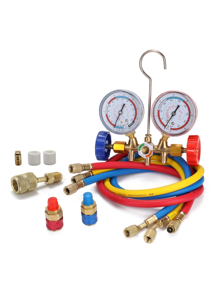 3 Way Refrigerant Gauge AC Diagnostic Manifold Freon Gauge Set Refrigerants with Couplers and Acme Adapter