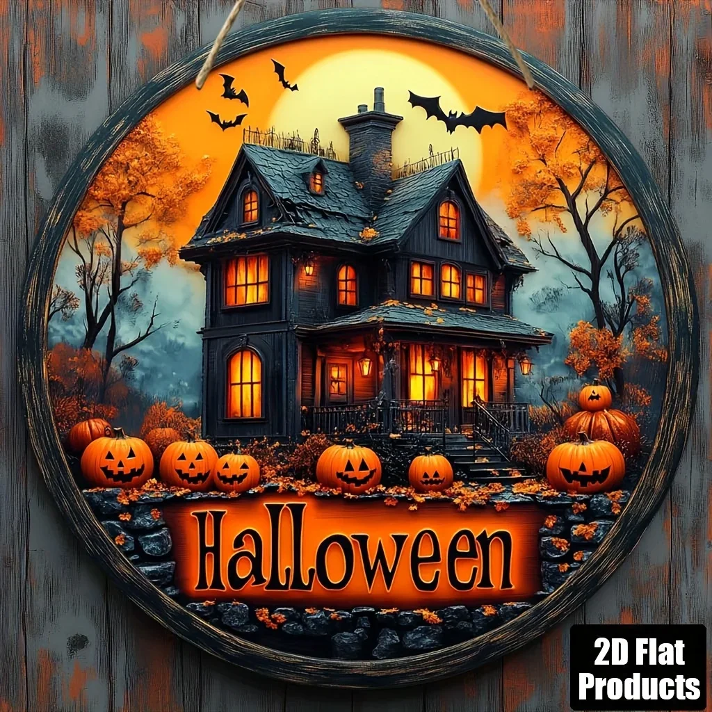 1 Stück 2D flaches runden Halloween-Holzschild mit Spukhaus- und Fledermausmuster, kein Stromversorgung erforderlich – sjs