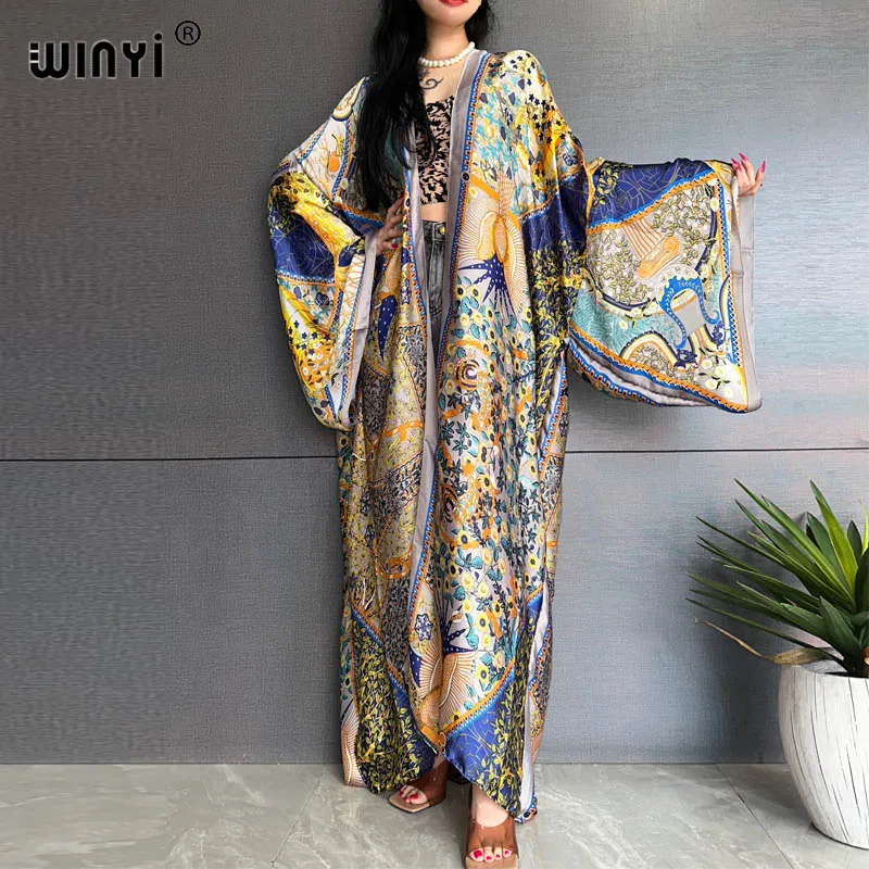 

WINYI summer Bohemian Print Beachwear Bikini Cover-ups Elegant Africa kimono Cardigan sexy long Sleeve silk feeling loose dress