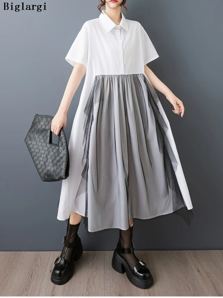 

Oversized Summer Dress Women Mesh Patchwork Fashion Ruffle Pleated Irregular Ladies Dresses Loose Casual Woman A-Line Dress