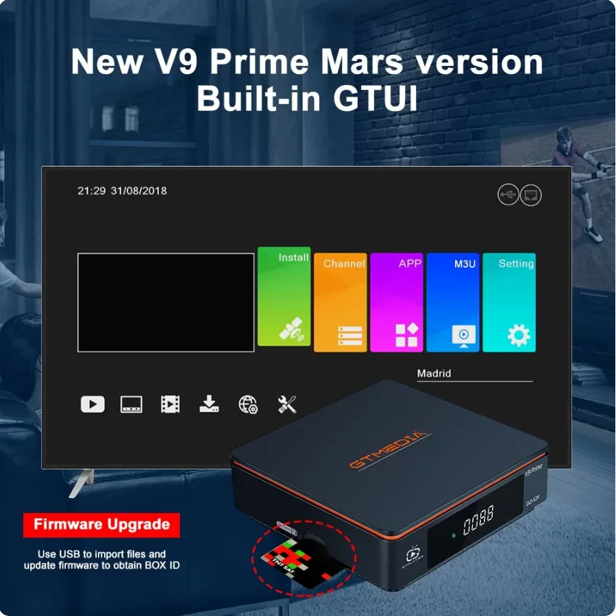 GTMedia V9 Prime Satellite Receiver, DVB-S,S2,S2X, HEVC Main10, AVS + BISS, Auto Roll, Built-in 2.4G WiFi, PowerVu Supports Mars