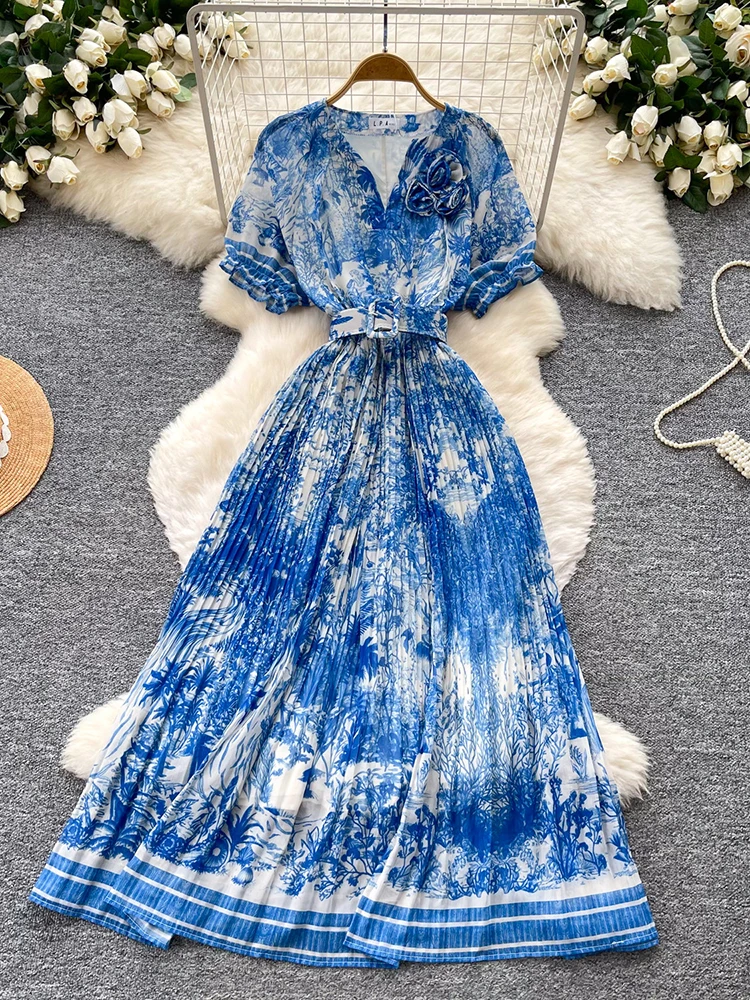 Women Dress French Vintage Floral V-Neck Puff Sleeve A-Line Maxi Dress with Belted Waist Flowy Long Gown Female Vestido DS477