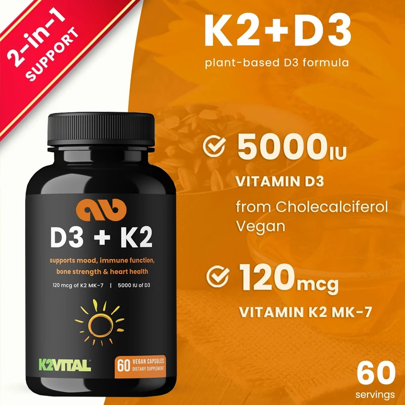 D3 contains K2 MK7 to supplement heart and bone health | 5000 IU of vitamin D 3 and 100 micrograms of vitamin K 2 MK-7