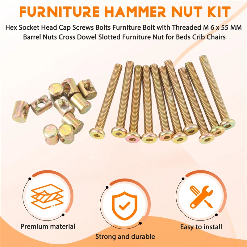 F-T Винты с шестигранной головкой под торцевой ключ Болты Мебельный болт с резьбой M 6X55 мм Бочковые гайки Крестообразный дюбель с прорезями Мебельная гайка для