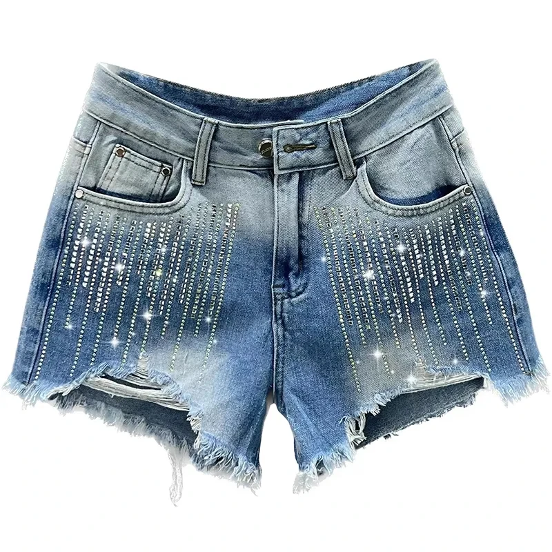 กางเกงยีนส์กางเกงขาสั้นผู้หญิงStreetwear 2025 ฤดูร้อนใหม่เอวสูงอุตสาหกรรมหนักHot stamping Holeกางเกงขากว้างกางเกงหญิง