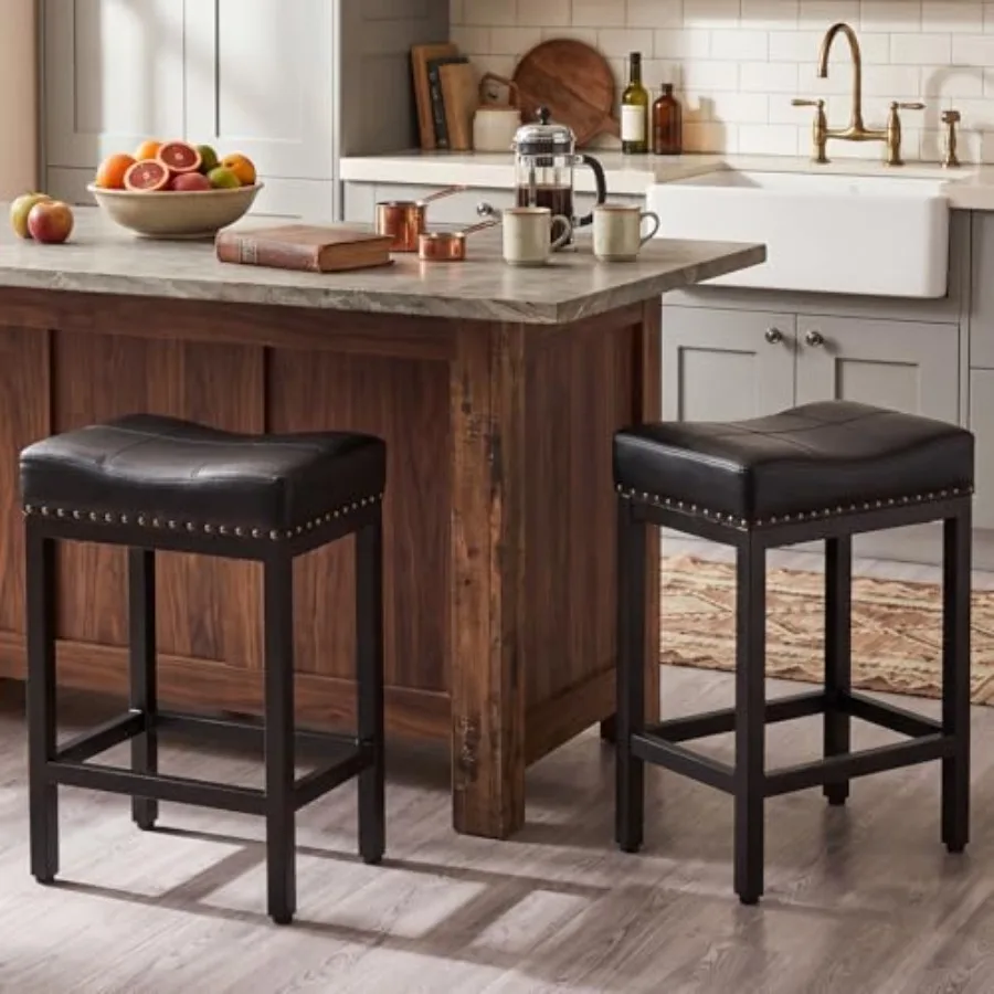 

Saddle Bar Stools, Inch Counter Height with Curved PU Leather Surface, 3.7" Thick Upholstery Bar Height Stools with Footrest fo