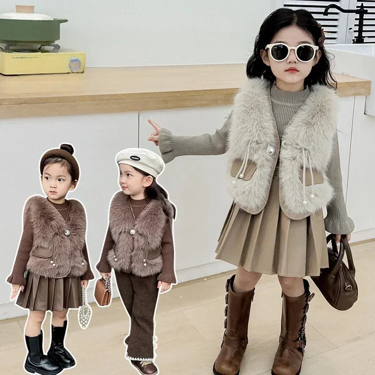 

Girls Clothing 2024 Fur Pearl Button Vest Sweater Short Skirt Fashionable Three Piece Set Girls Sweet Cute Clothes