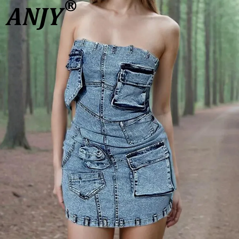 ANJY ฤดูร้อนใหม่ผู้หญิง INS อินเทรนด์ Punk Safari สไตล์ DENIM Patchwork Multi-Pocket SLIM FIT สั้นชุด HK6136