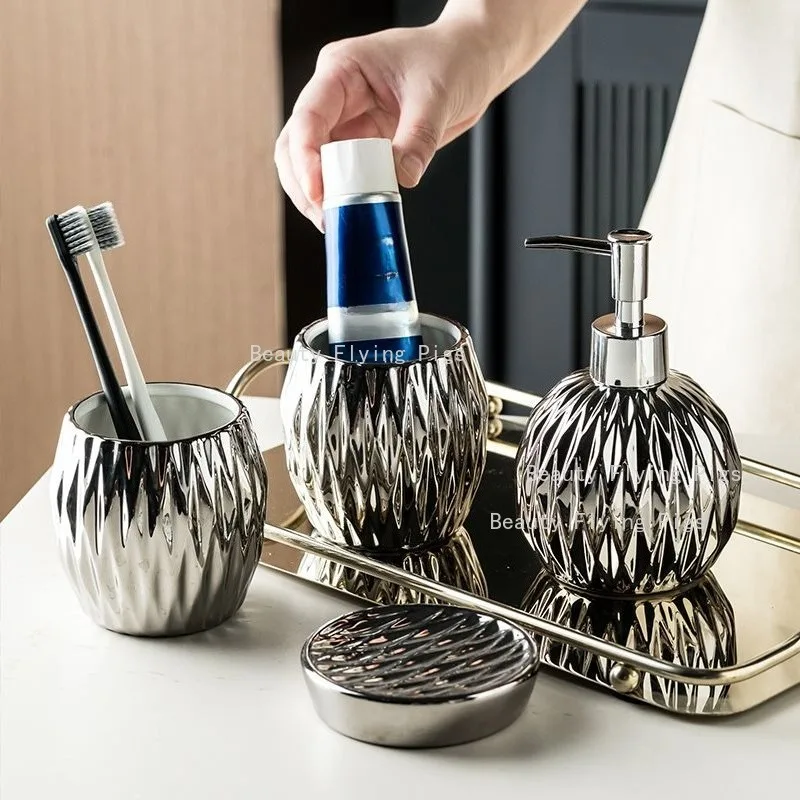 Hotel Ceramic Toilet Set Household Mouthwash Cup Liquid Distribution Bottle Soap Storage Dish Homestay Spherical Wash Set