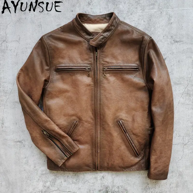AYUNSUE Waxed Cowhide Genuine Leather Jacket Men Classic 100% Real Cow Leather Coat Vintage Fashion Man Clothing Stand Collar