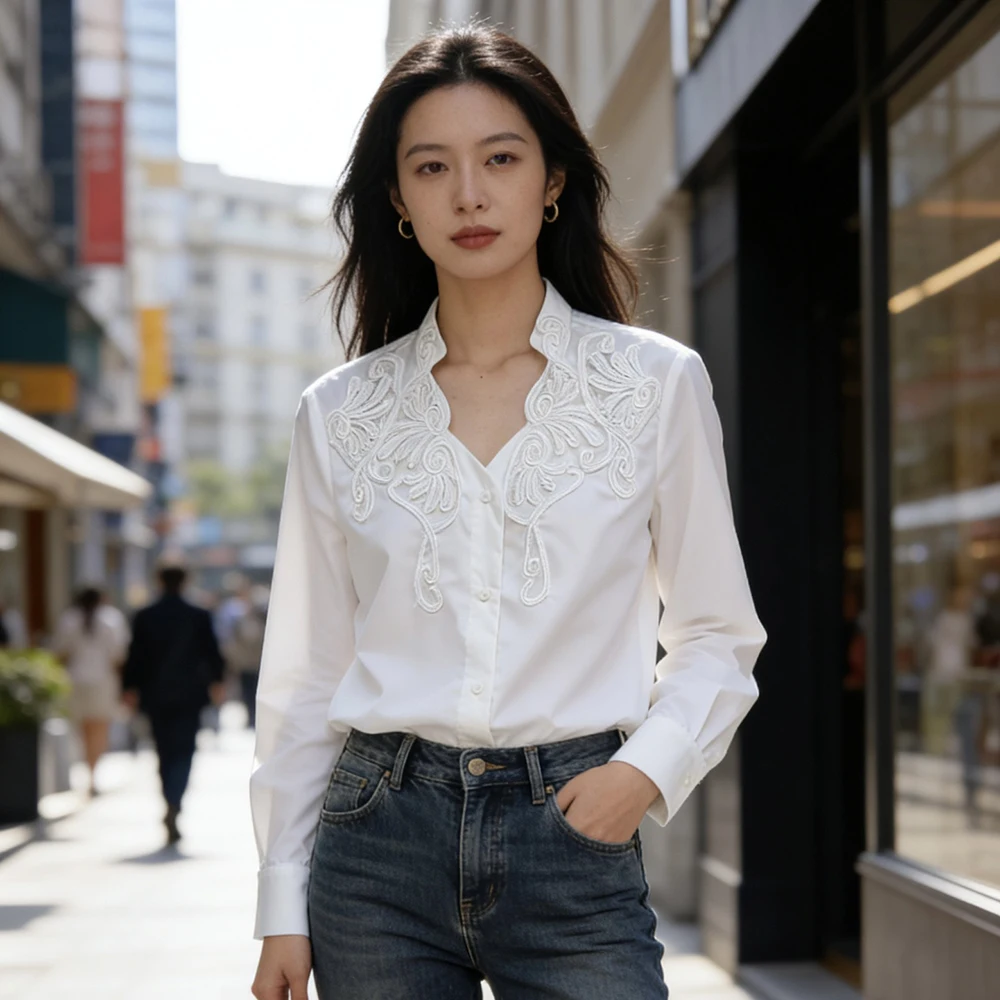

ZJYT 100% Cotton White Blouses for Women Spring 2026 New Fashion Embroidery Shirts Female Tops Lady Office Wear Long Sleeve