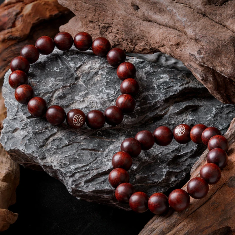 

UMQ Natural Red Sandalwood 925 Silver Bracelet New Chinese Style Bead Necklace Couple Lion National Style Bracelet Gift