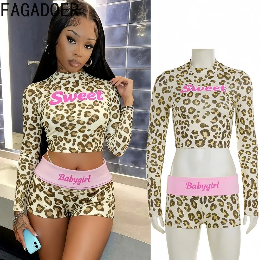 FAGADOER Sexy Letter Print 2 Pieces Set for Woman Outfit Leopard Print Patchwork Crop Tops + Shorts Matching Female Streetwear
