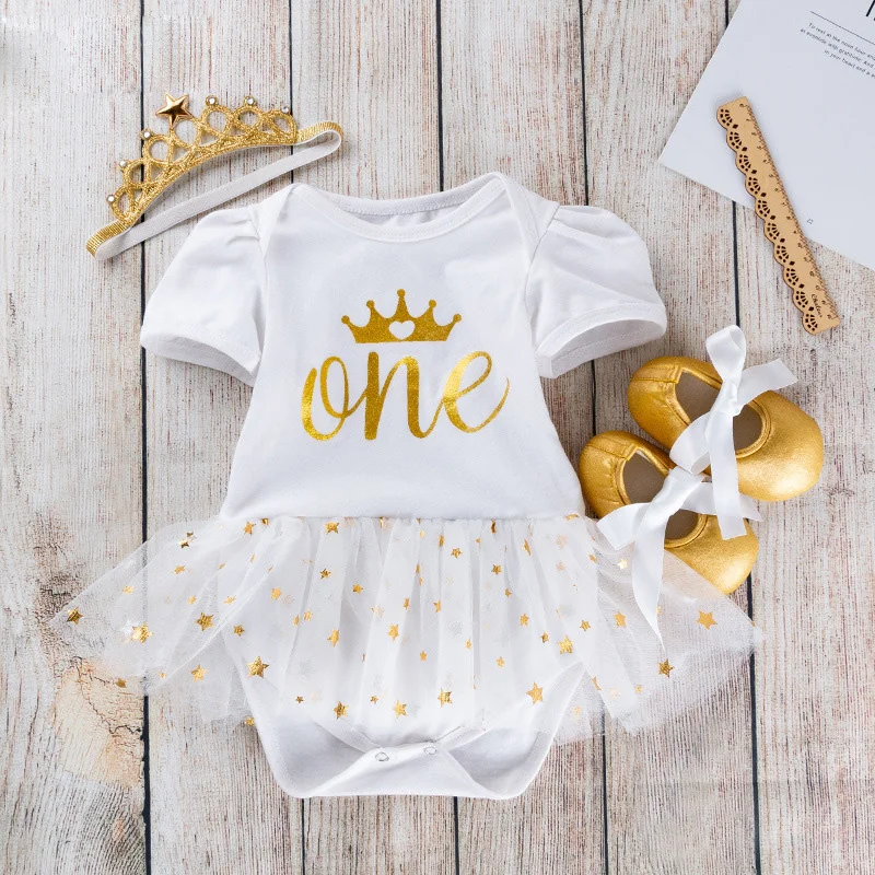 Newborn Girls Bodysuit+Hairband+Walking Boot 3pcs Set Girl Summer Short Sleeve Letter Print Princess Clothing 1st Birthday Gifts