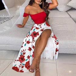 Summer Bohemian Print Short Tops Women Dress Sets Sexy Off-Shoulder Neck Top Split Skirts Sets 2 Piece Sets Outfits Skirts