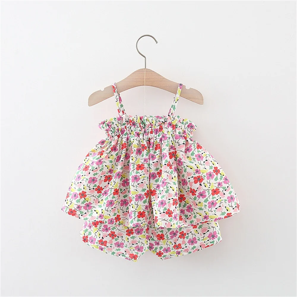 Korean Style Summer Children Set Baby Girls Floral Halter Top+Shorts Two-Piece Suit For Vacation Daily Casual Wear 0-2 Years Old