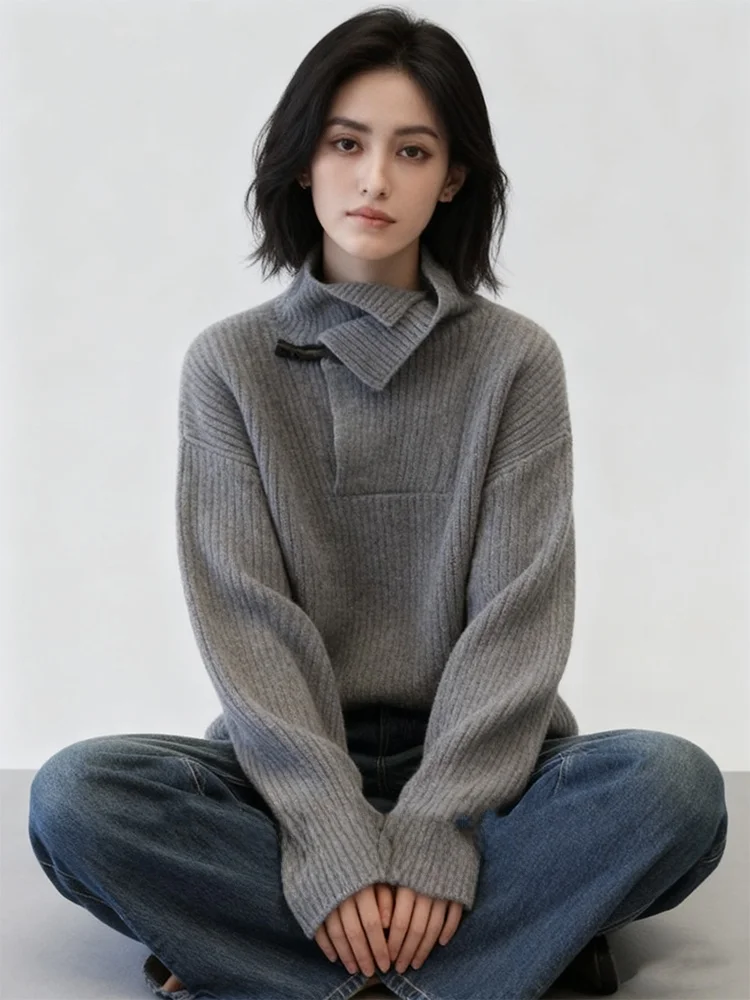 

Soft Cozy Korean Sle Knitted Sweater Loose Lazy ey Overhead irt Collar Button Detail Long Sve Winter Women's Top