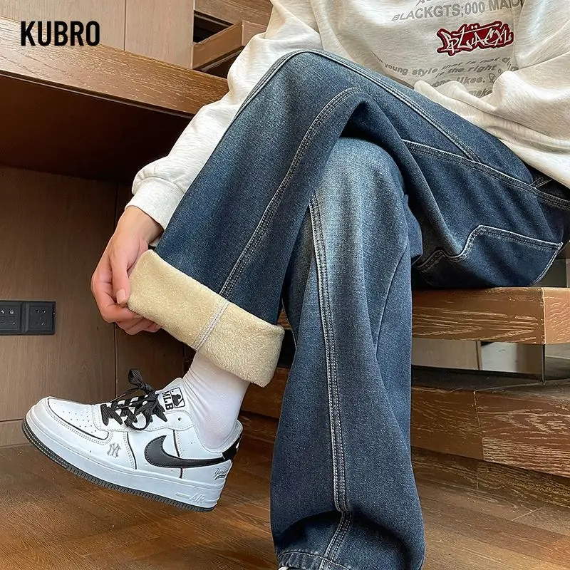 

Осень-зима флисовые джинсы мужские High Street прямые эластичные джинсовые толстые бархатные брюки модные теплые повседневные флисовые брюки