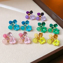 LATS Multicolored Crystal Flower Stud Earrings for Woman Korean Style Fashion Jewelry Lovely Elegance Temperament Accessories