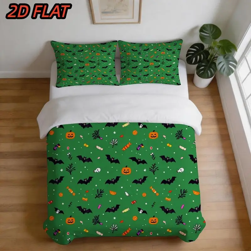 3-Piece Halloween Bed Sheet Set, Includes 1 Duvet Cover + 2 Pillowcases, Double Size, Green Pumpkin, Bat, Candy, Candy Cane, Ghost Patterns, Horror Holiday Theme, Microfiber Bedding