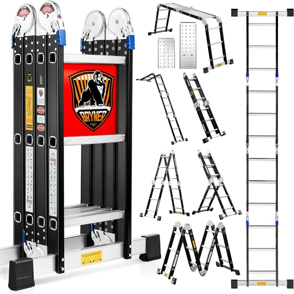 Ladder, Bryner 7 In 1 Multifunctionele Ladder Aluminium Verlengladder 12ft Opvouwbare Verstelbare Telescopische Trapladder Zwaar