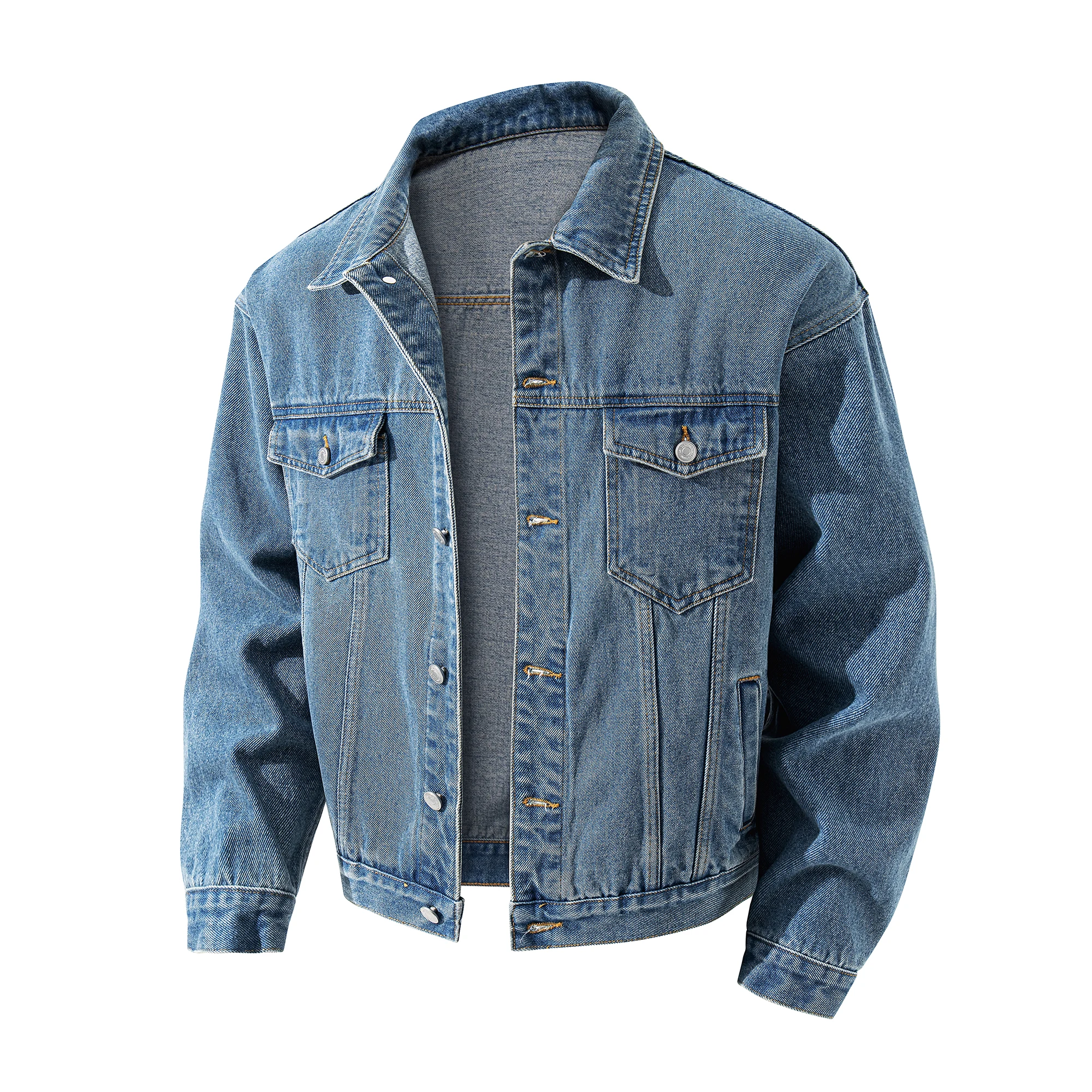 Men's Light Blue Denim Jacket with Lapel Buttons Retro Washed Denim Jacket Casual Loose Long-Sleeved Jacket, Daily Street Wear